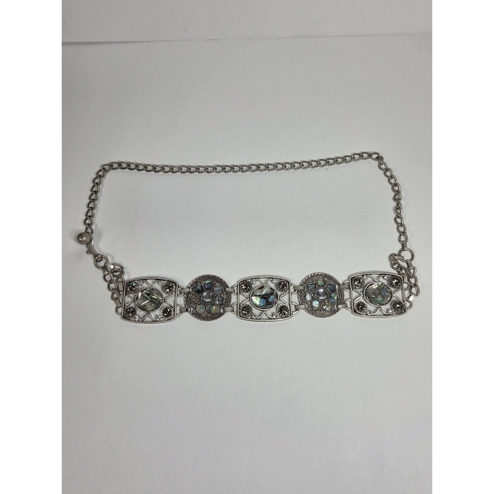 Vtg Y2k Chico's Abalone Shell / rhinestone  metal chain link belt Sz M Boho
